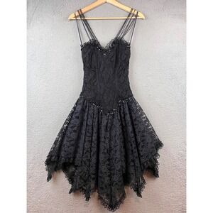 Vintage Florencia Fiume Black Lace Spaghetti Strap Beaded V Neck Cocktail Dress